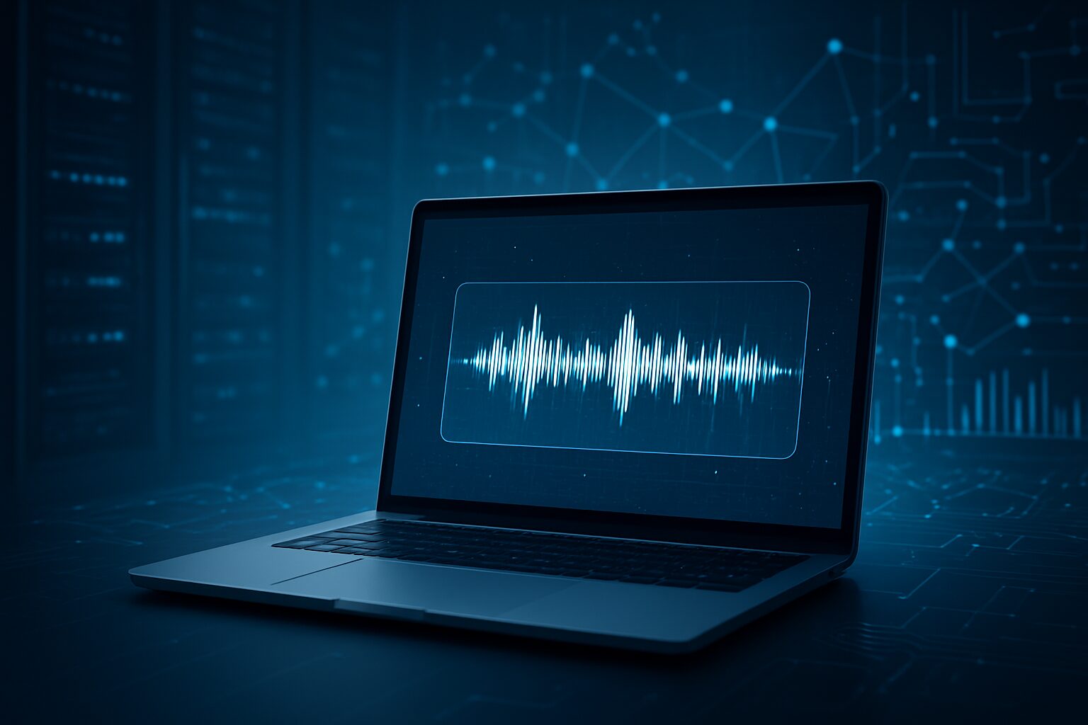 Laptop displaying a sound wave visualization on a dark tech-themed background.