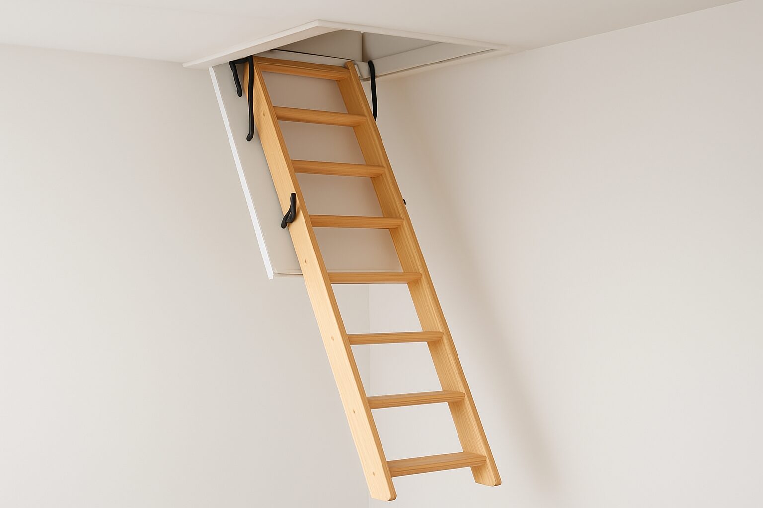 A wooden loft ladder extended from a ceiling hatch, showcasing a simple and secure home access solution.